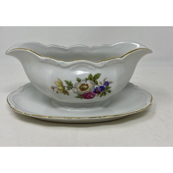 Mitterteich Gravy Boat With Attached Plate Meissen Floral Gold Trim Germany - Picture 1 of 10
